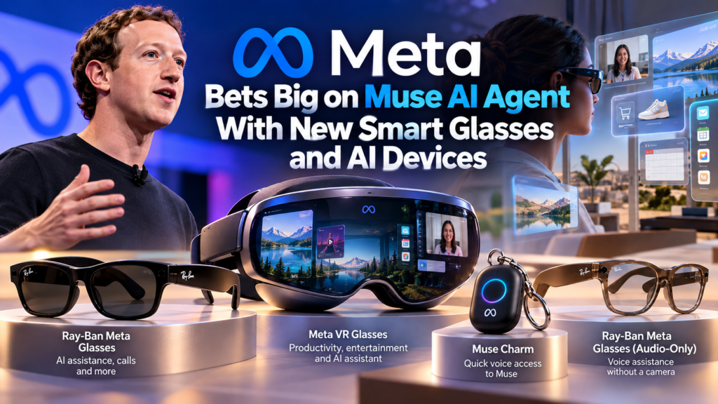 A futuristic featured image illustrating Meta Muse AI across smart glasses, immersive VR hardware and the Muse Charm, highlighting Meta’s push toward AI-powered wearable computing and autonomous assistants.
