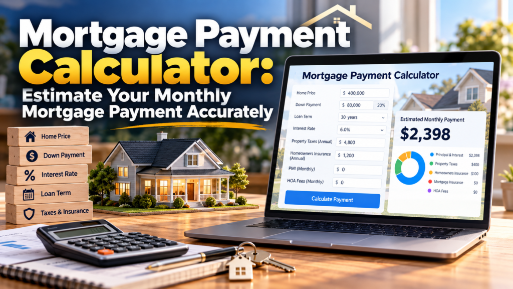 Mortgage payment calculator displayed on a laptop beside a model home, calculator and house keys, illustrating mortgage costs, interest rates, down payments, taxes and insurance.