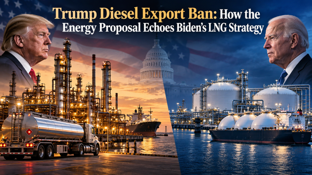 Editorial illustration comparing the Trump diesel export ban proposal with Biden’s LNG export strategy, featuring Donald Trump, Joe Biden, a US oil refinery, diesel tanker, LNG terminal and export vessels. The visual represents the debate over US energy exports, domestic fuel prices, refinery operations and global energy markets.