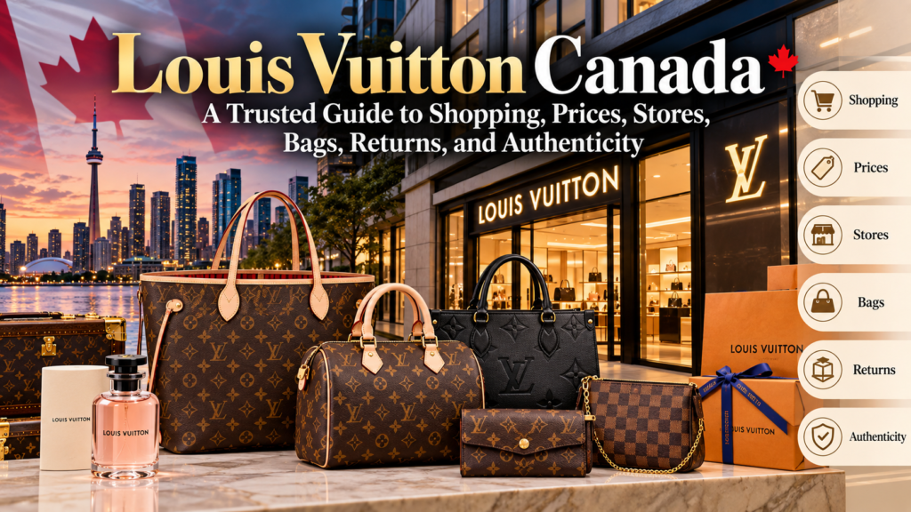 Luxury editorial featured image for a Louis Vuitton Canada shopping guide, featuring designer handbags, accessories, a boutique setting and Canadian visual elements. It represents key topics including Louis Vuitton bags, Canadian prices, stores, returns, authenticity and shopping guidance.