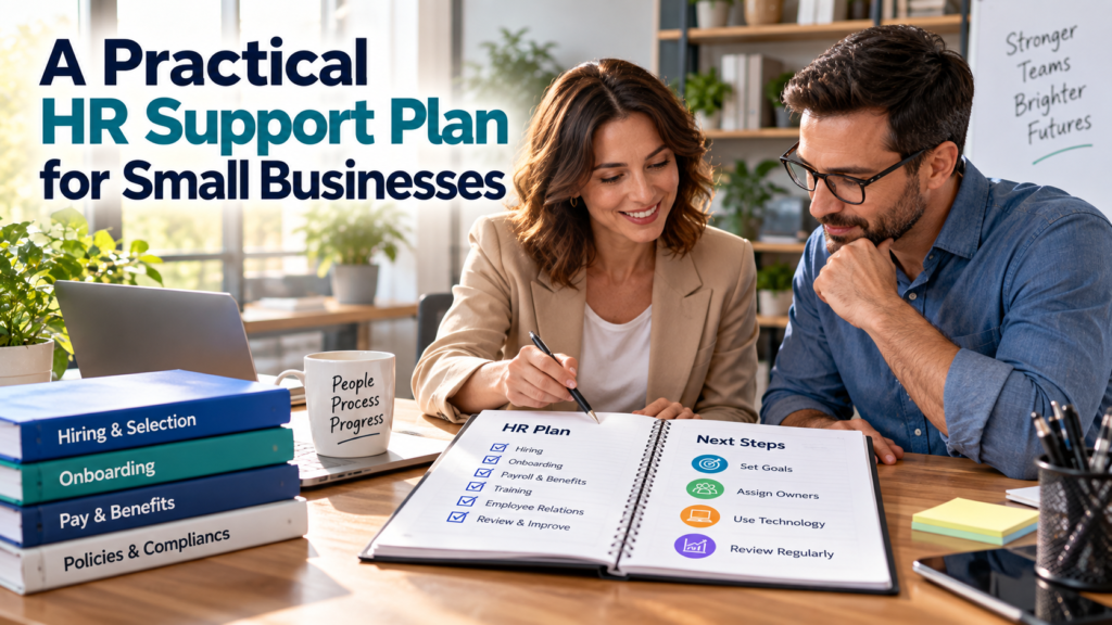 Small business owners reviewing a practical HR support plan