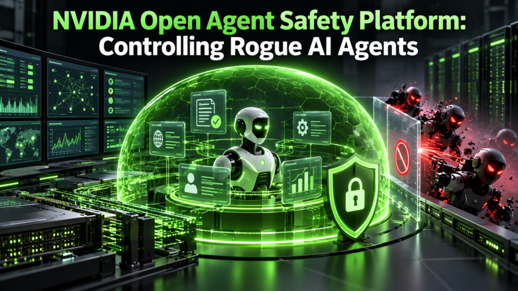 A futuristic visualization of the NVIDIA Open Agent Safety Platform protecting an autonomous AI agent with monitoring dashboards, policy controls, security barriers and real-time safeguards against rogue AI agents.
