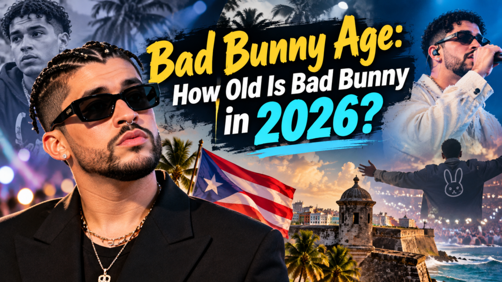 Featured image of Bad Bunny with Puerto Rican imagery, concert scenes, and bold 2026 typography representing his age, music career, and Puerto Rican background.