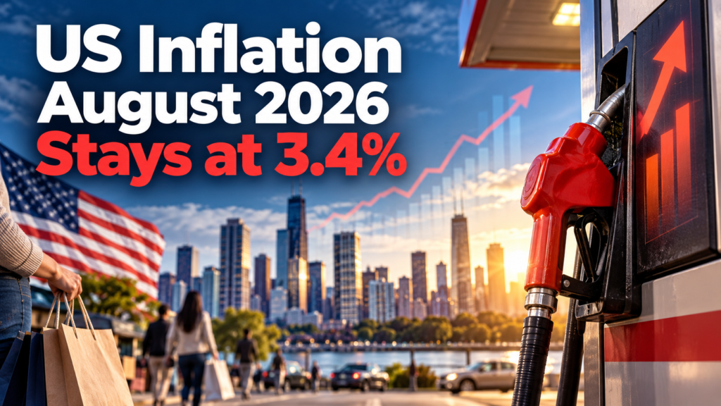 A news-style economic visual showing rising US energy and fuel costs alongside a 3.4% inflation figure, reflecting pressure on consumers and household budgets in August 2026.