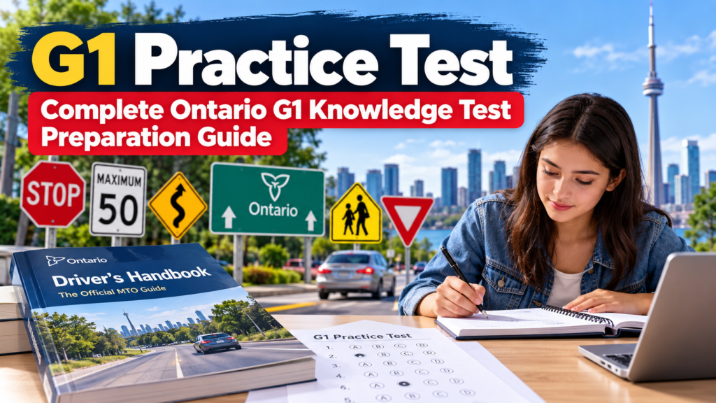 A clean Ontario driving-test preparation scene showing a learner studying road signs and traffic rules, with recognizable road-sign shapes, a car, and a test-prep setting that visually represents G1 knowledge test preparation.