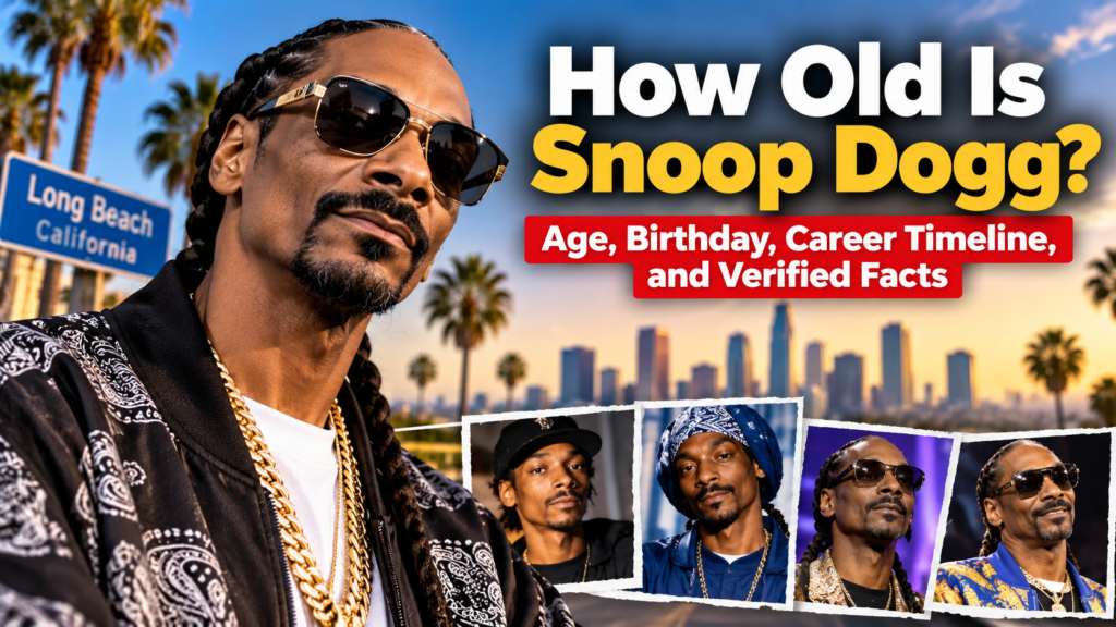 A polished celebrity-profile visual featuring Snoop Dogg-inspired hip-hop imagery, a Los Angeles/Long Beach atmosphere, music elements, and a timeline-style composition emphasizing his age, birthday, and career longevity.