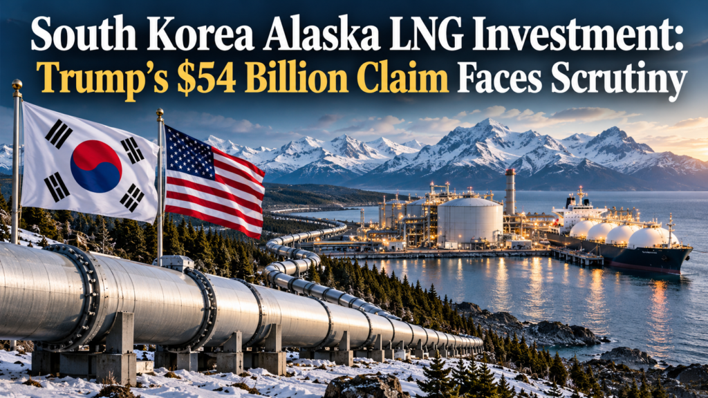 A news-style featured image showing the Alaska LNG pipeline and export infrastructure against an Alaskan landscape, with visual references to South Korea and the United States. The composition emphasizes the disputed $54 billion investment announcement and the project’s unresolved commercial status. Reuters reported on September 30–October 1, 2026, that Seoul had not finalized the Alaska LNG investment and said it remained subject to commercial viability and legal review.