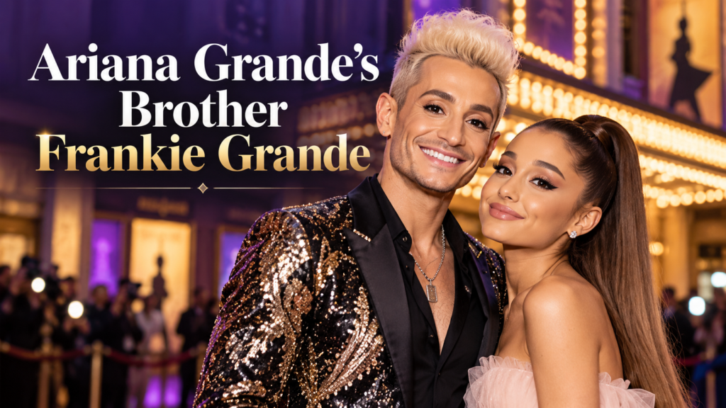 Ariana Grande and her older half-brother Frankie Grande together in an entertainment-themed portrait.