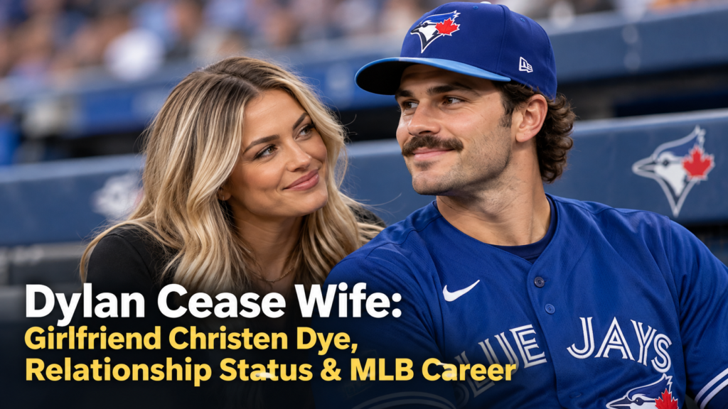 Featured image of MLB pitcher Dylan Cease with a clean baseball-themed background, designed to support an article about his relationship status, girlfriend Christen Dye, and professional career.