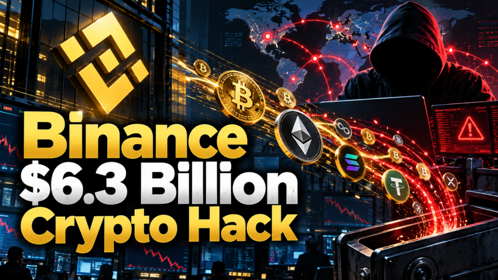 Binance $6.3 billion crypto hack illustration showing a cybersecurity breach and stolen digital assets.