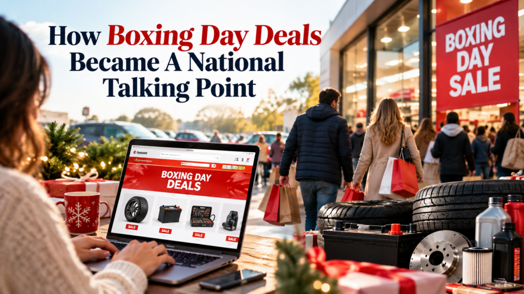 Shoppers and a laptop showing Boxing Day deals, with car tyres and batteries in the foreground.