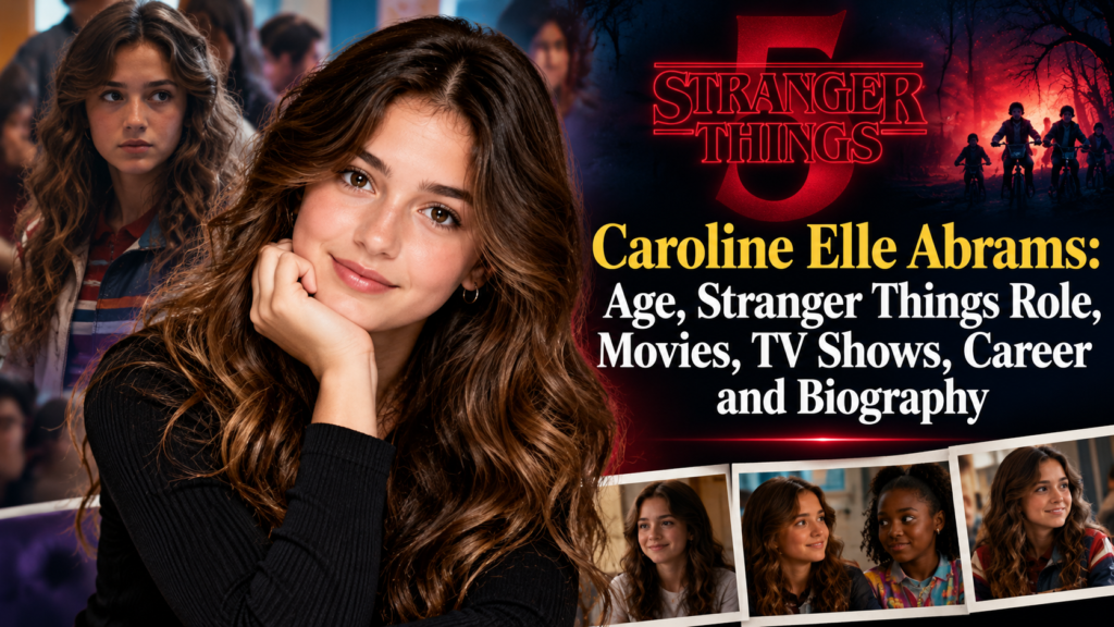 Editorial entertainment image featuring a young actress-inspired subject in a cinematic 1980s supernatural TV setting, with moody Hawkins-style lighting, subtle film-set elements, and a polished biography-feature layout. The image should visually support the article’s focus on Caroline Elle Abrams, her role as Tina Turnbow, and her growing screen career.