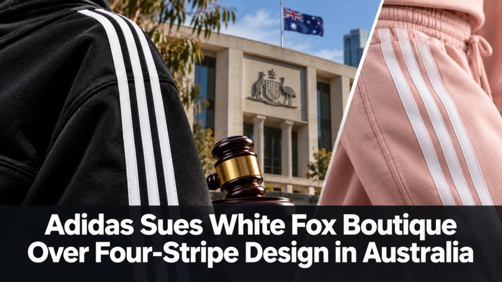 ditorial illustration of the Adidas and White Fox Boutique trademark dispute in Australia, comparing three-stripe sportswear with four-stripe fashion clothing as the companies prepare for a Federal Court hearing in 2027.