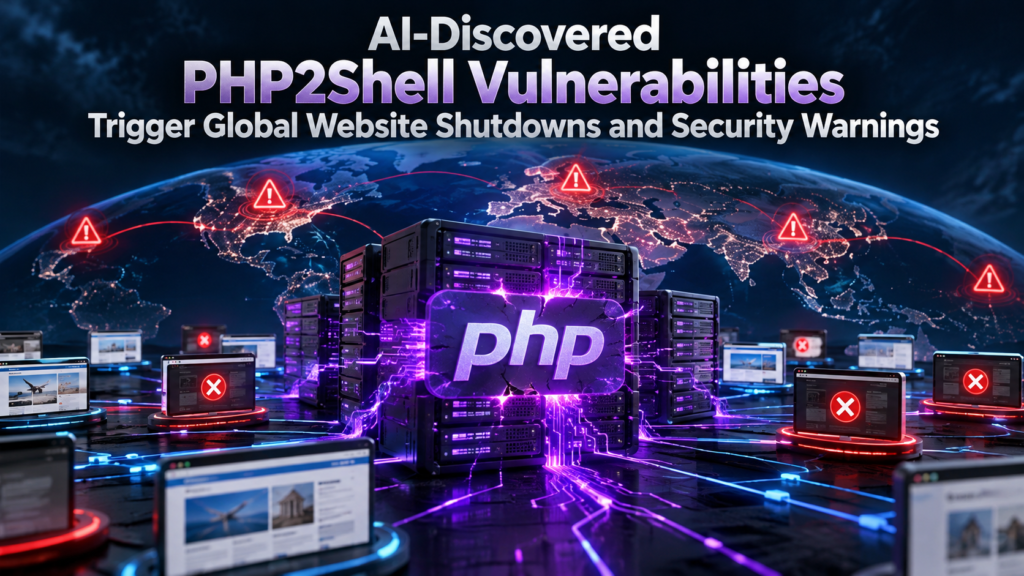 Cybersecurity illustration of PHP2Shell vulnerabilities causing global website security alerts and shutdowns.