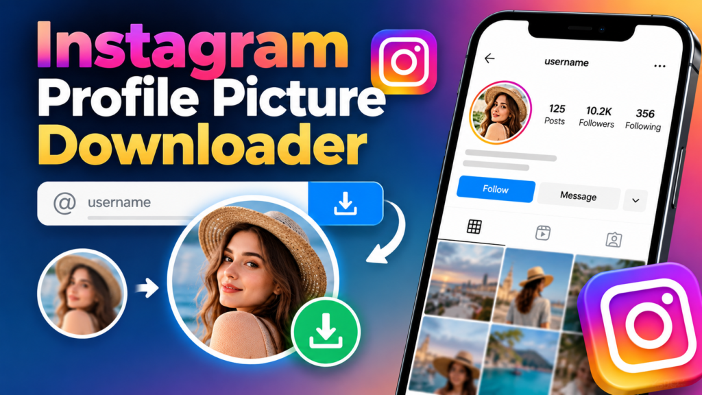 Instagram profile picture downloader showing an HD profile photo on a smartphone.