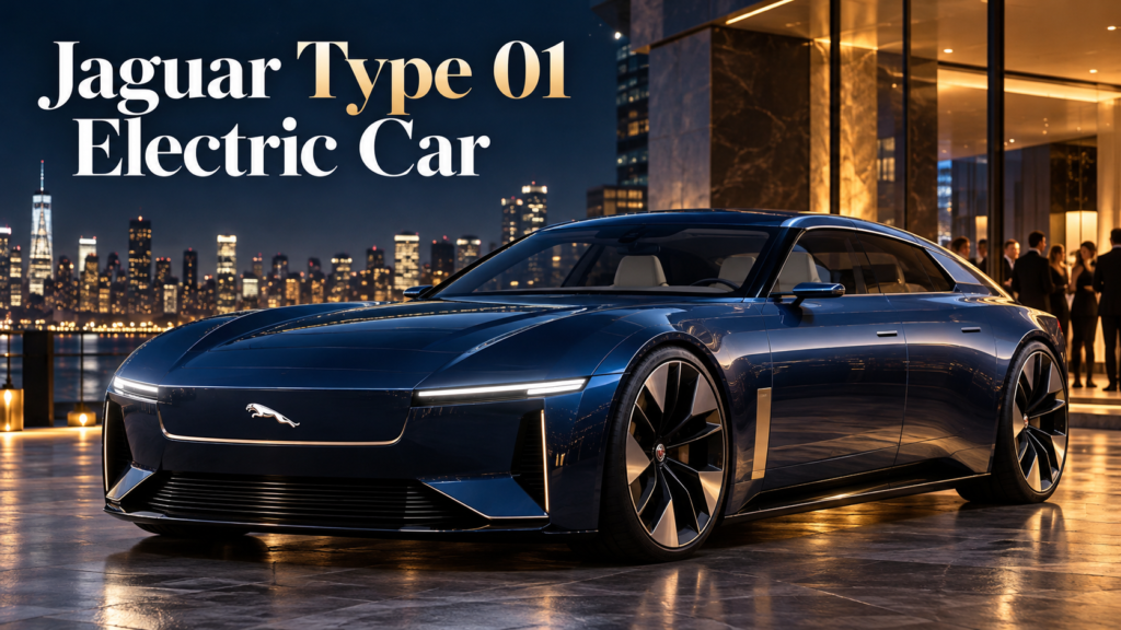 Jaguar Type 01 electric car with futuristic luxury GT design.