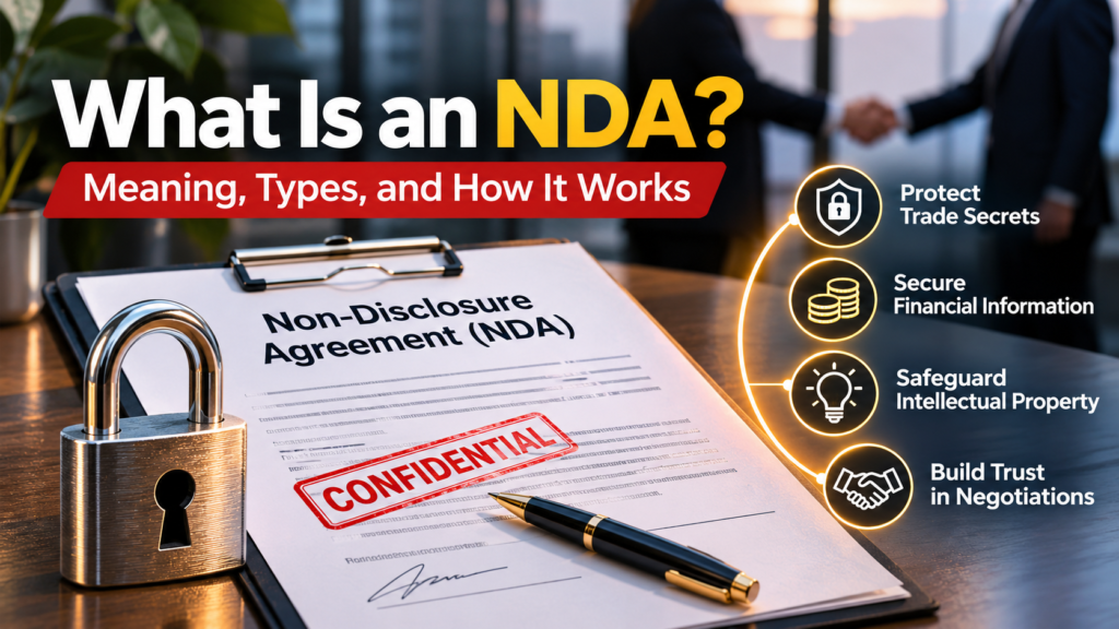 Non-disclosure agreement document with a pen and lock symbol representing confidential information.
