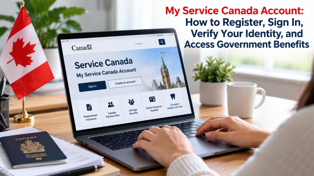 : A realistic editorial-style scene showing a person securely accessing the Government of Canada’s My Service Canada Account on a laptop, with subtle visual cues for EI, CPP, OAS, SIN, and federal benefits. Clean, trustworthy, modern government-services aesthetic.