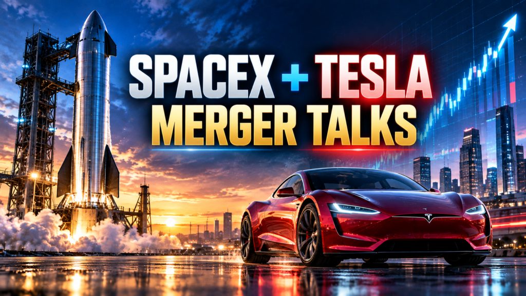 SpaceX and Tesla merger talks illustrated with a Starship rocket, Tesla electric car, and rising stock chart.