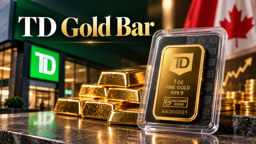 TD gold bar with 999.9 purity marking and protective packaging.