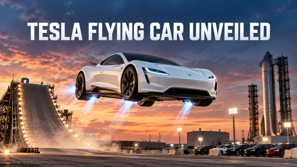 Tesla flying car Roadster prototype performing an aerial stunt using SpaceX-inspired thrusters.
