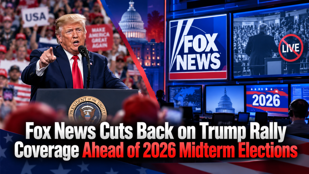 Donald Trump speaking at a rally as Fox News reduces live coverage ahead of the 2026 midterm elections