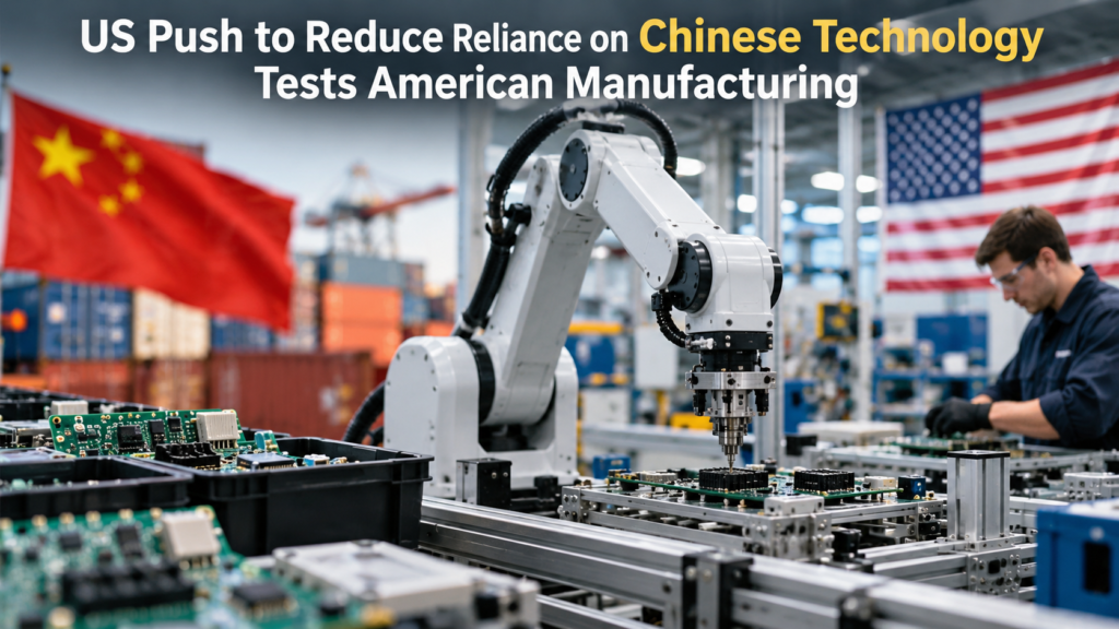 A modern American advanced-manufacturing facility with robotic arms, electronics components, EV technology, and supply-chain visuals, illustrating the US push to reduce reliance on Chinese technology and rebuild domestic production capacity.